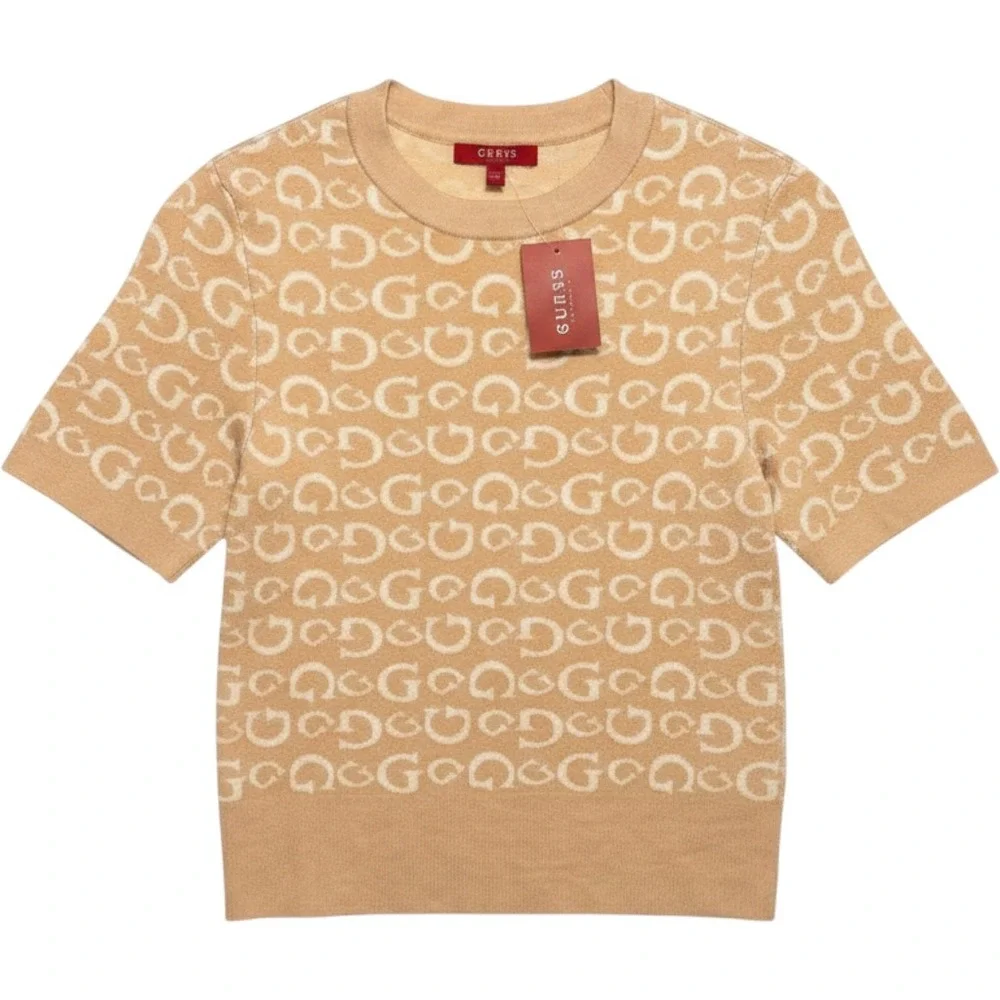 Guess Jalee SS Sweater Smoked Peach Multi Monogram Logo Knit Top R3BR46 Z2NM0